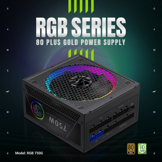 Блок живлення ATX 750W, 80+ Gold,RGB Smart  fan 140mm,fully modular ,Japanese 105°C and solid capaci GAMEMAX RGB 750G
