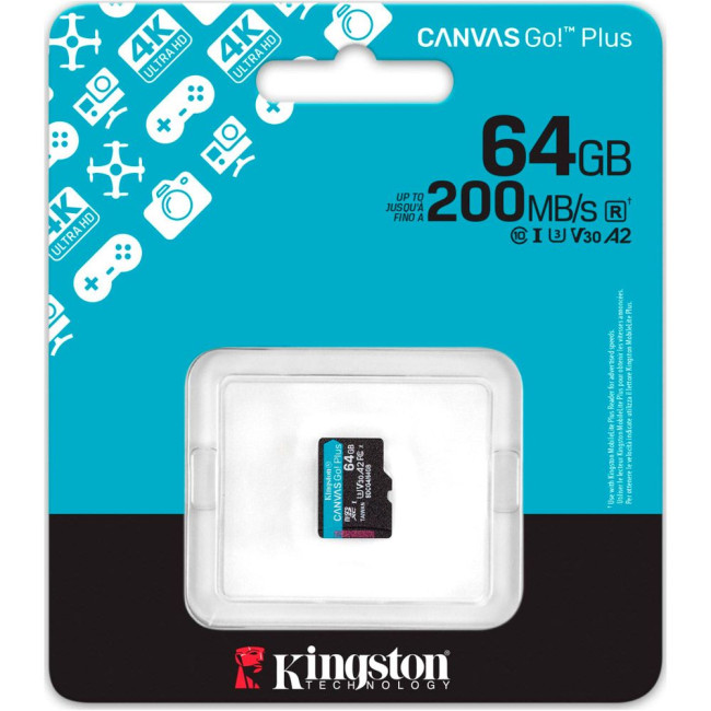 Карта пам'яті 64GB microSDXC Canvas Go Plus Gen4 200MB/s A2 U3 V30 Card + w/o ADP KINGSTON SDCG4/64GBSP