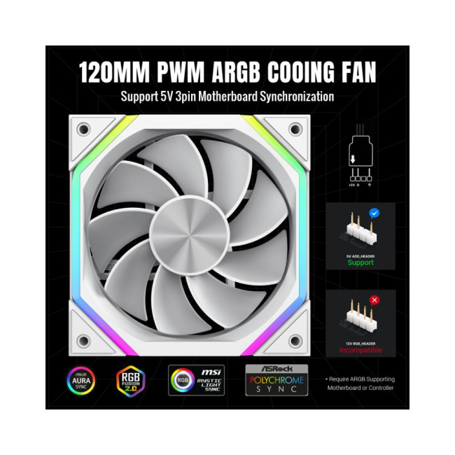 Кулер для корпусу 120 мм, 4pin(M/F)/3pin(M/F), ARGB, PWM, білий, реверсивний FN12A-N2-RW GAMEMAX FN12A-N2-RW