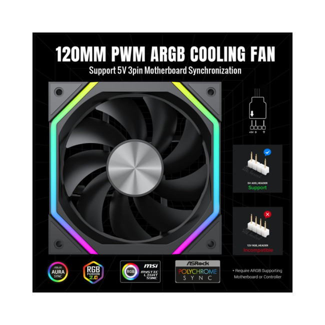 Кулер для корпусу 120 мм, 4pin(M/F)/3pin(M/F), ARGB, PWM, чорний FN12A-N2 GAMEMAX FN12A-N2