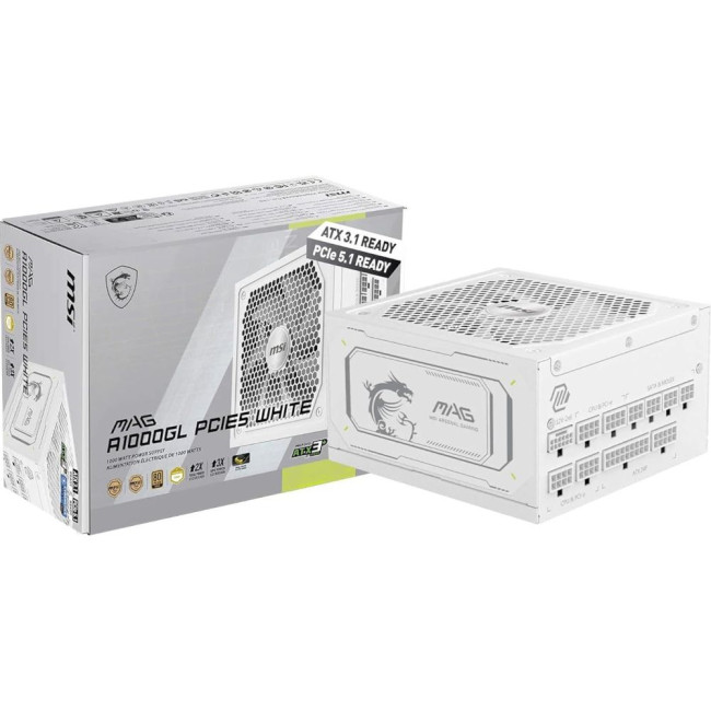 Блок живлення MSI ATX 1000W MAG A1000GL PCIE5 WHITE, EU, 1000W, Fully-Modular, 80 Plus Gold MSI MAG A1000GL PCIE5 WHITE