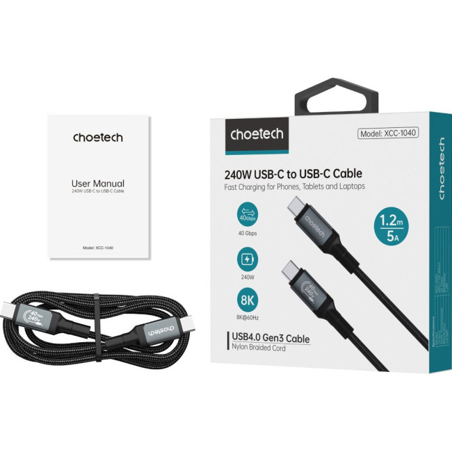 Аудіокабель Choetech USB-C 4 GEN 3 240 Вт 8K 1 м CHOETECH USB-C 4 G3 240W 8K 1m (XCC-1040)