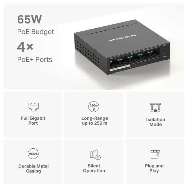 5-портовий настільний гігабітний комутатор з 4 пор тами РоЕ, MS105GP MERCUSYS MS105GP