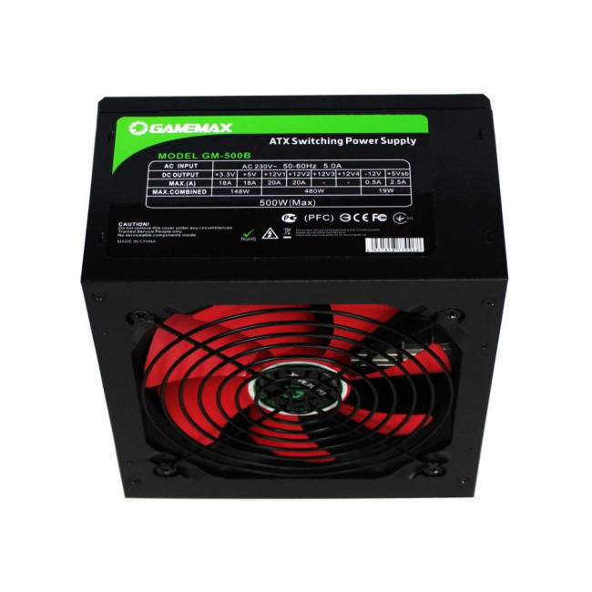 Блок живлення ATX 500W, з кабелем живлення, вентилятор 120 мм, чорний, коробочний GAMEMAX GM-500B