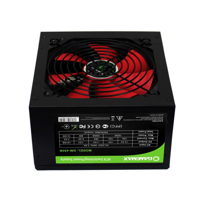 Блок живлення ATX 450W з кабелем живлення, вентилятор 120 мм, чорний, коробочний GAMEMAX GM-450B