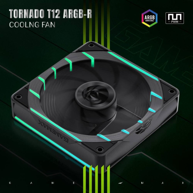 Кулер для корпусу 120мм  3pin AURA (M/F)&4pin PWM Air Flow66.89 CFM Static Air Pressure2.62mm - H2ON GAMEMAX Tornado T12 ARGB-R