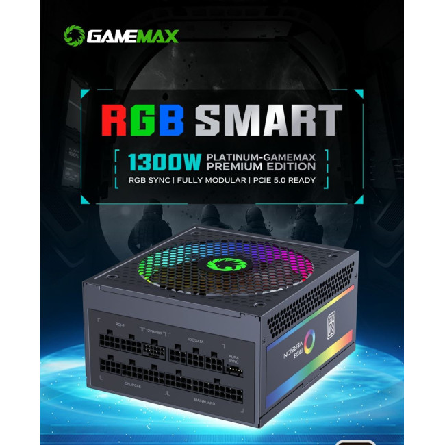 Блок живлення ATX 1300W, 80 Platinum,RGB Smart  fan 140mm,fully modularOPP, OVP, UVP, OCP, OTP, SCP GAMEMAX RGB-1300 (ATX3.1 PCIe5.1)