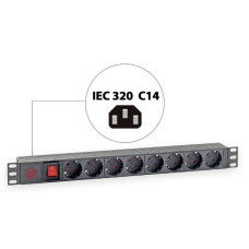 Блок розеток (8xSchuko), вимикач, 1U, C14, без кабелю KINGDA KD-PDU-GM-1U-P8-C14