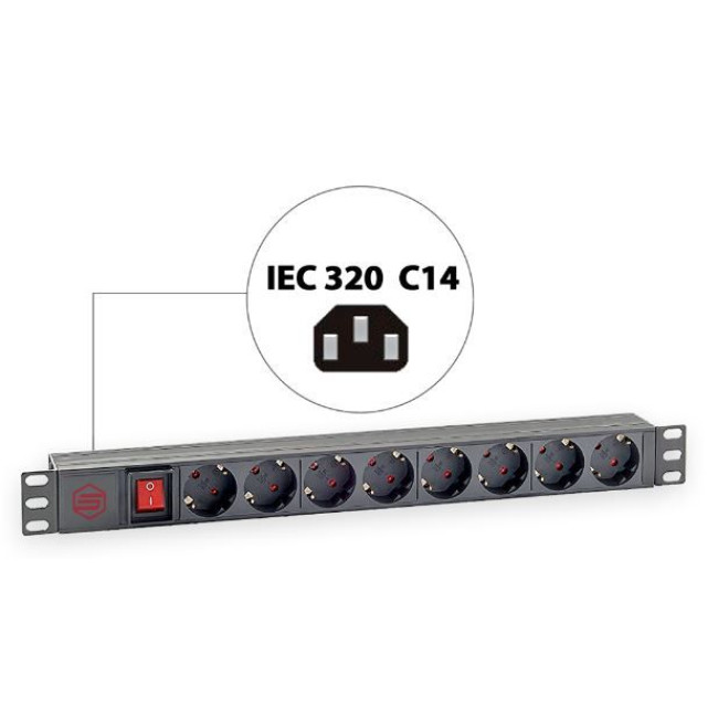 Блок розеток (8xSchuko), вимикач, 1U, C14, без кабелю KINGDA KD-PDU-GM-1U-P8-C14