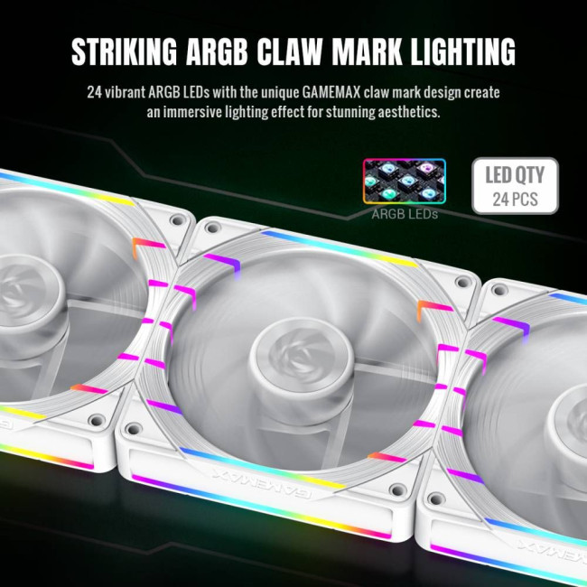 Кулер для корпусу 120мм  3pin AURA (M/F)&4pin PWM Air Flow66.89 CFM Static Air Pressure2.62mm - H2ON GAMEMAX Tornado T12 ARGB-RW