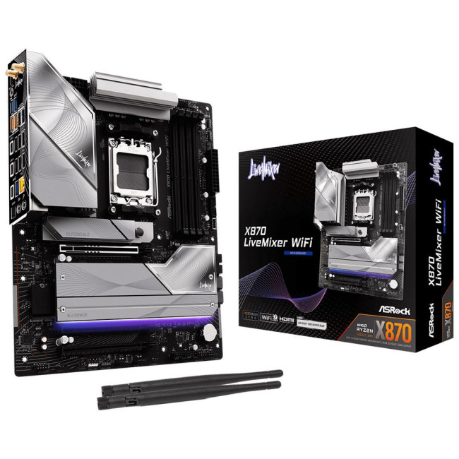 Mатеринська плата sAM5 AMD X870 4xDDR5 HDMI/2xUSB4 Type-C 4xM.2 5GbE LAN ATX ASROCK X870 LIVEMIXER WIFI