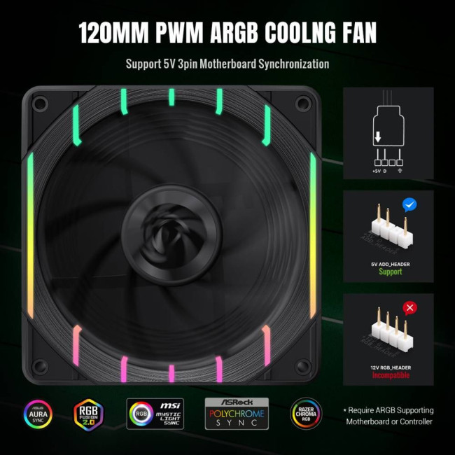 Кулер для корпусу 120мм 3pin AURA (M/F)&4pin PWM Air Flow66.89 CFM Static Air Pressure2.62mm - H2ONo GAMEMAX Tornado T12 ARGB