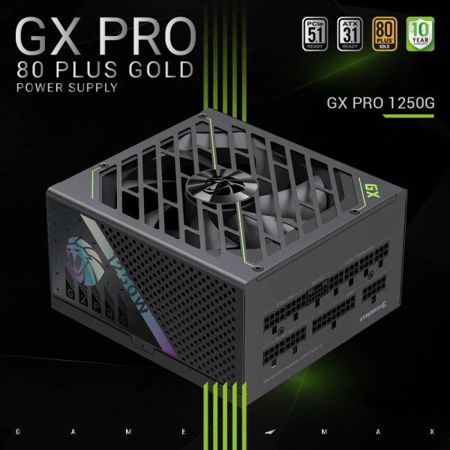 Блок живлення ATX 3.1 & PCIe5.1_ 1250W, 80+ Gold, fan 135mm,fully modular ,Japanese 105°C and solid GAMEMAX GX PRO 1250G