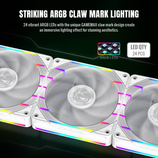 Кулер для корпусу 120мм 3pin AURA (M/F)&4pin PWM Air Flow66.89 CFM Static Air Pressure2.62mm - H2ONo GAMEMAX Tornado T12 ARGB-W
