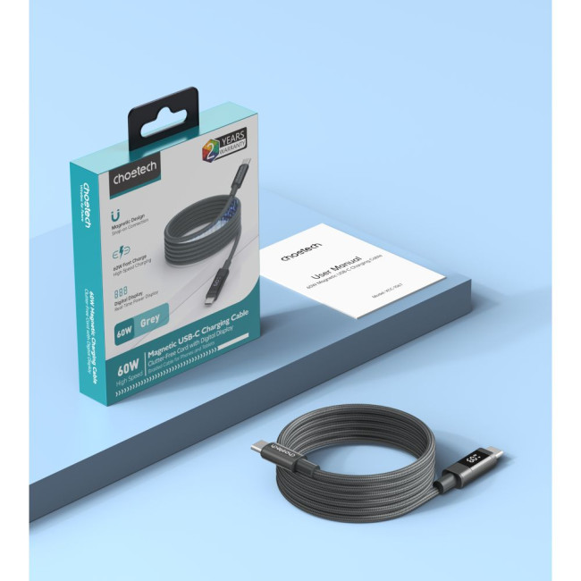 Магнітний нейлоновий кабель PD60 Вт USB-C до USB-C з цифровим дисплеєм 1,2 м – сірий CHOETECH PD60W USB-C to USB-C 1.2m mgn (XCC-1067-GY)