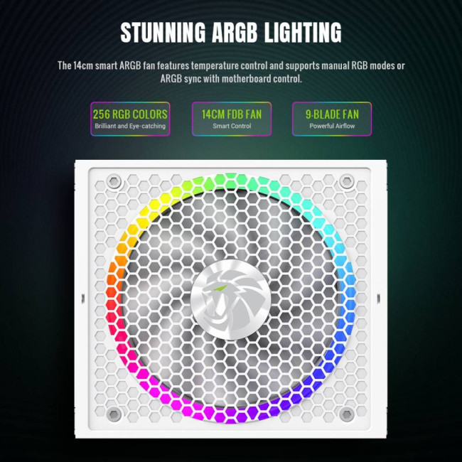 Блок живлення ATX 850W, 80+ Gold,RGB Smart  fan 140mm,fully modular ,Japanese 105°C and solid capaci GAMEMAX RGB 850G WH