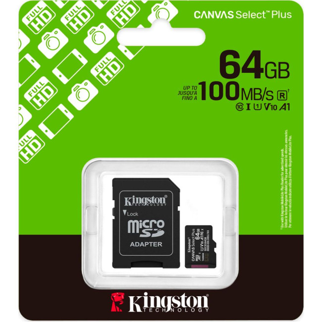 Карта пам'яті 64GB microSDXC Canvas Select Plus Gen3 100MB/s A1 Card + Adapter KINGSTON SDCS3/64GB