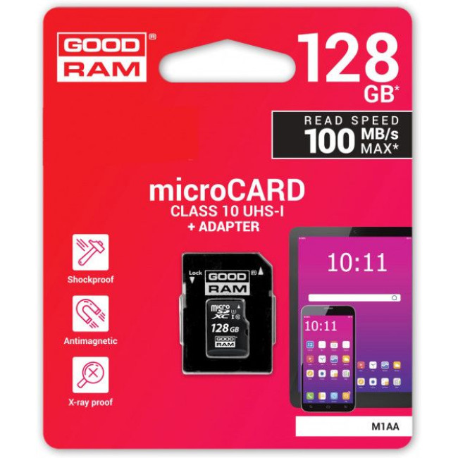 Карта пам'яті 128GB microCARD SDXC C10 UHS-I 100R/10W U1 + adapter GOODRAM M1AA-1280R12