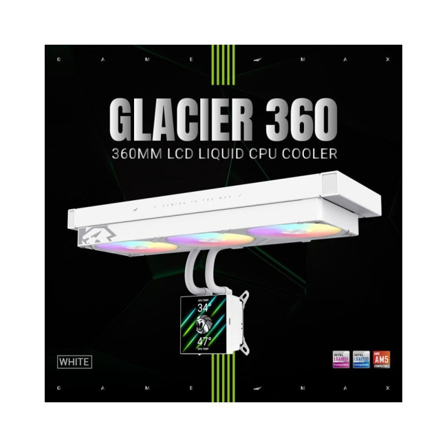 Процесорний кулер TDP 330  85.82  CFM, 2.23mmH20, Max: 31.5dB(A）, 800-2500RPM ,water pump:NOICE 30.0 GAMEMAX GLACIER 360 LCD WH