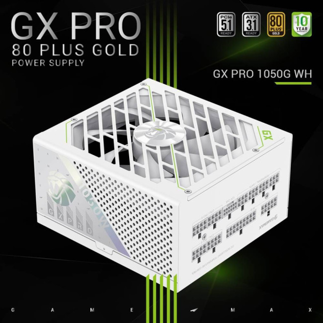 Блок живлення ATX 3.1 & PCIe5.1_ 1050W, 80+ Gold, fan 135mm,fully modular ,Japanese 105°C and solid GAMEMAX GX PRO 1050G WH