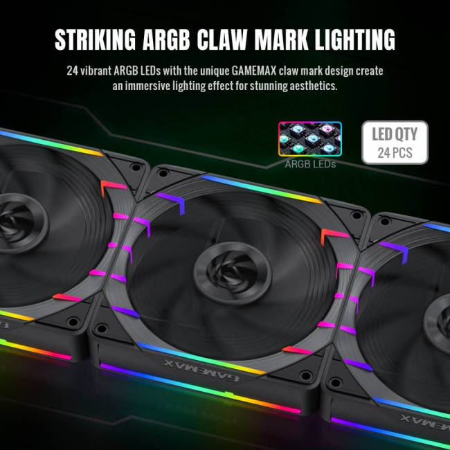 Кулер для корпусу 120мм 3pin AURA (M/F)&4pin PWM Air Flow66.89 CFM Static Air Pressure2.62mm - H2ONo GAMEMAX Tornado T12 ARGB