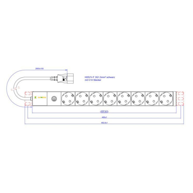 Блок PDU, 8 x SCHUKO ,вилка IEC C14, кабель живлення 3м. CONTEG DP-RP-08-SCHUF-IEEC14