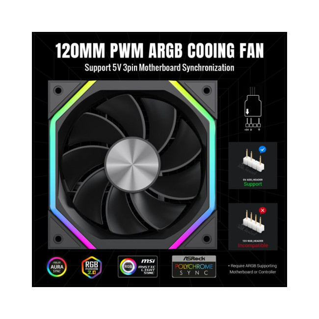 Кулер для корпусу 120 мм, 4pin(M/F)/3pin(M/F), ARGB, PWM, чорний, реверсивний FN12A-N2-R GAMEMAX FN12A-N2-R
