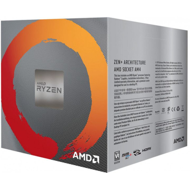 Процесор AMD Ryzen 5 3400GSocket AM4/3.6GHz/45-65W/L3:4M/4C/Box AMD Ryzen 5 3400G BOX s-AM4 (YD3400C5FHBOX)