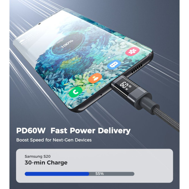 Нейлоновий кабель PD60 Вт USB-C до USB-C для цифрового дисплея 1,2 м – сірий CHOETECH PD60W USB-C to USB-C 1.2m (XCC-1068-GY)