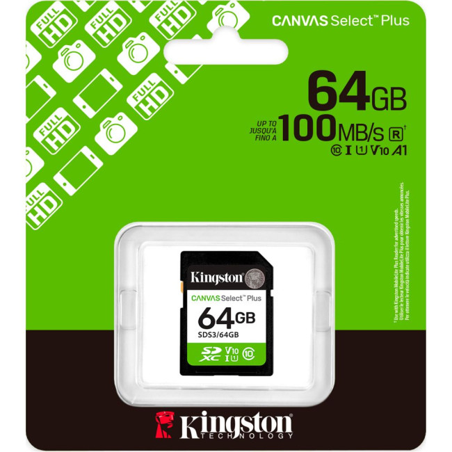 Карта пам'яті 64GB SDXC Canvas Select Plus Gen3 100MB/s C10 UHS-I U1 V10 KINGSTON SDS3/64GB