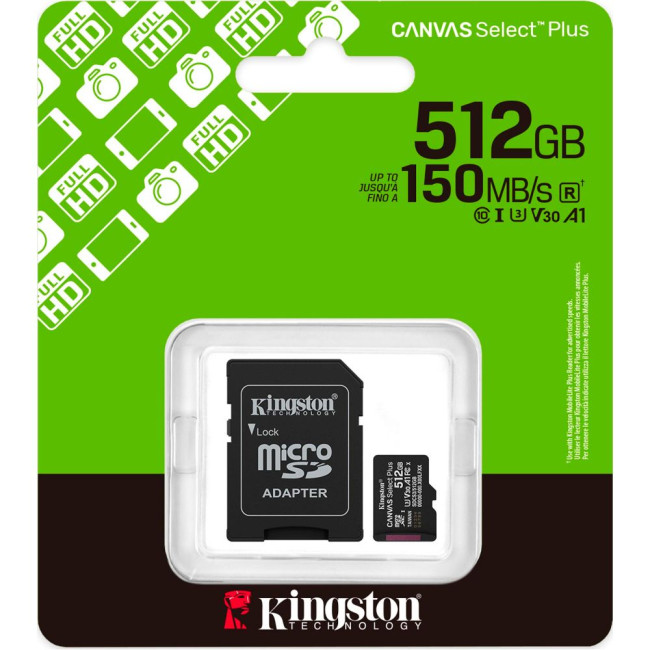 Карта пам'яті 512GB microSDXC Canvas Select Plus Gen3 150MB/s A1 Card + Adapter KINGSTON SDCS3/512GB