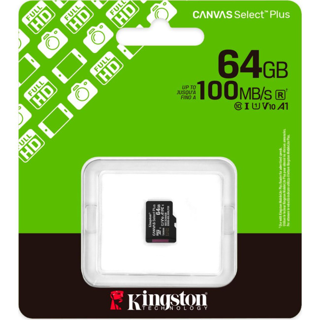 Карта пам'яті 64GB microSDXC Canvas Select Plus Gen3 100R A1 Single Pack w/o ADP KINGSTON SDCS3/64GBSP