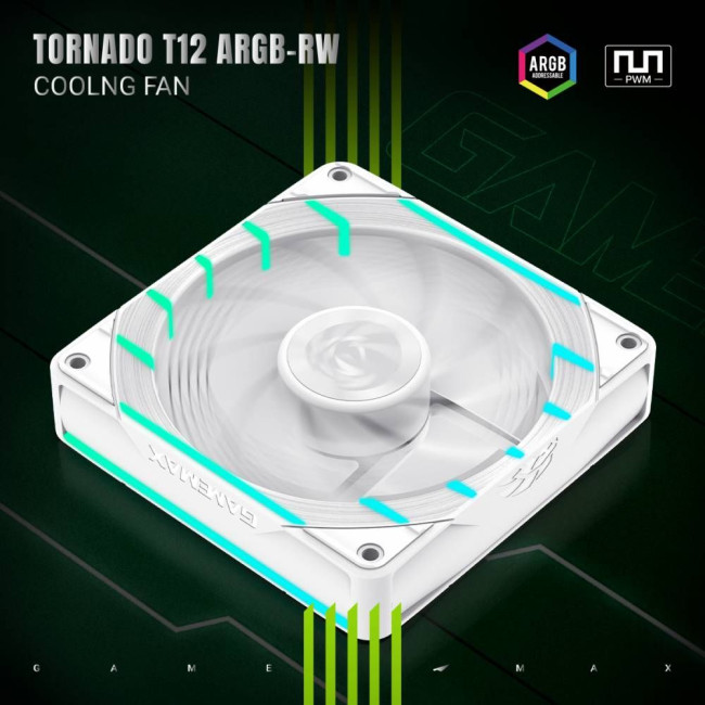 Кулер для корпусу 120мм  3pin AURA (M/F)&4pin PWM Air Flow66.89 CFM Static Air Pressure2.62mm - H2ON GAMEMAX Tornado T12 ARGB-RW