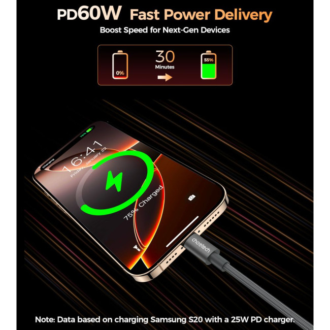Магнітний нейлоновий кабель PD60 Вт USB-C до USB-C з цифровим дисплеєм 1,2 м – сірий CHOETECH PD60W USB-C to USB-C 1.2m mgn (XCC-1067-GY)