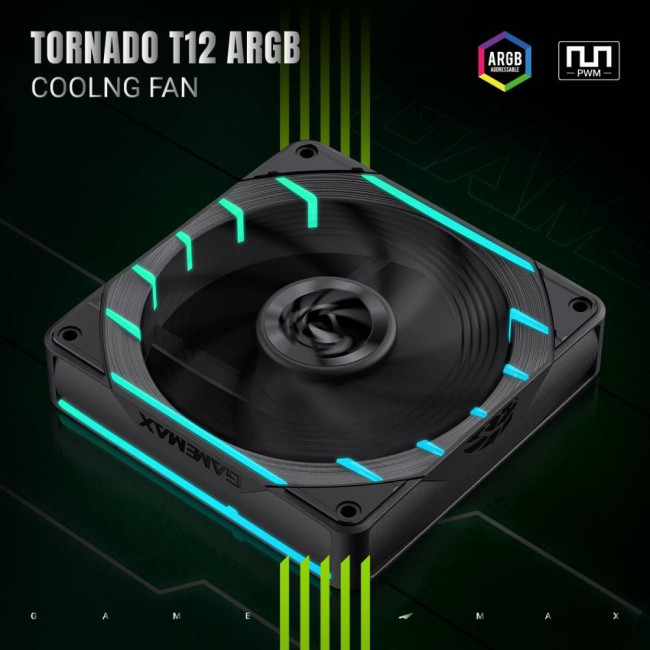Кулер для корпусу 120мм 3pin AURA (M/F)&4pin PWM Air Flow66.89 CFM Static Air Pressure2.62mm - H2ONo GAMEMAX Tornado T12 ARGB