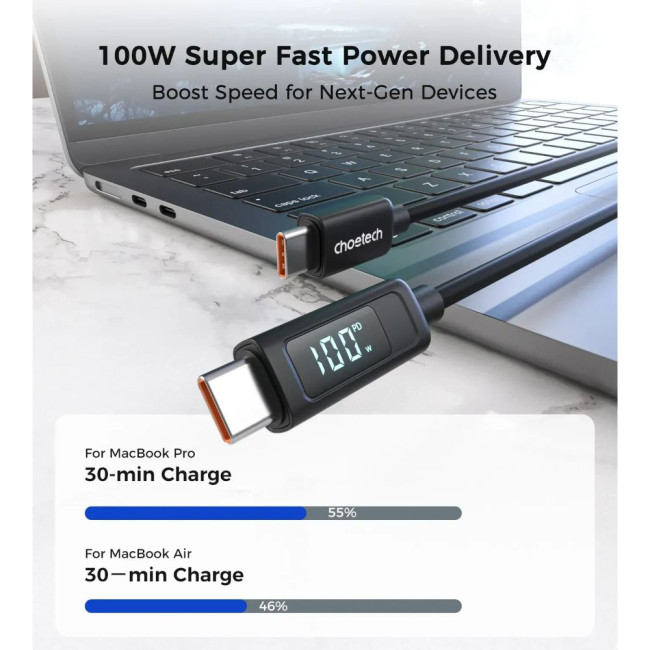 Силіконовий кабель PD100 Вт USB-C до USB-C для цифрового дисплея 1,8 м CHOETECH PD100W USB-C to USB-C 1.8m (XCC-1063)