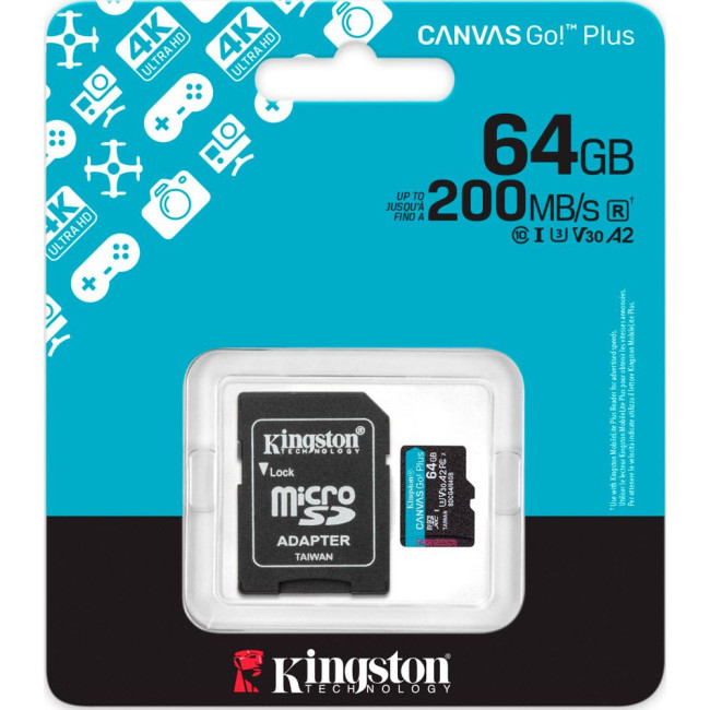 Карта пам'яті 64GB microSDXC Canvas Go Plus Gen4 200MB/s A2 U3 V30 Card + ADP KINGSTON SDCG4/64GB