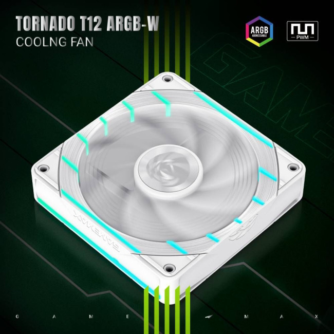 Кулер для корпусу 120мм 3pin AURA (M/F)&4pin PWM Air Flow66.89 CFM Static Air Pressure2.62mm - H2ONo GAMEMAX Tornado T12 ARGB-W
