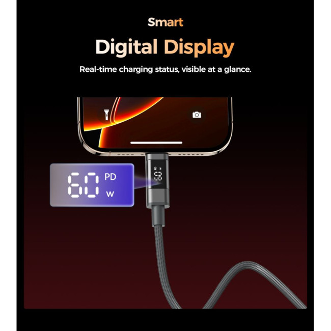 Магнітний нейлоновий кабель PD60 Вт USB-C до USB-C з цифровим дисплеєм 1,2 м – сірий CHOETECH PD60W USB-C to USB-C 1.2m mgn (XCC-1067-GY)