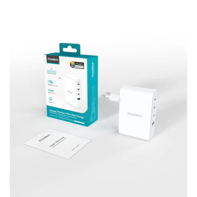 Мережевий зарядний пристрій Choetech GaN PD100W, 4 порти, 3*USB-C+A CHOETECH GaN PD100W 4Ports (PD9002)