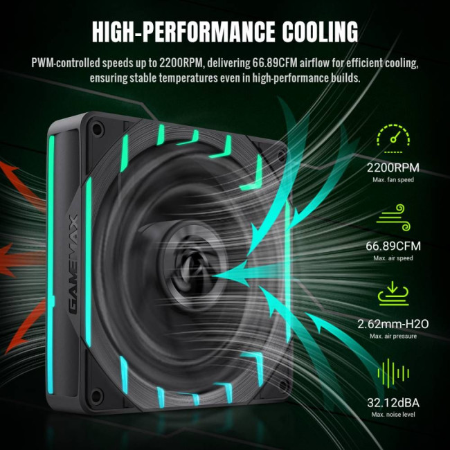 Кулер для корпусу 120мм 3pin AURA (M/F)&4pin PWM Air Flow66.89 CFM Static Air Pressure2.62mm - H2ONo GAMEMAX Tornado T12 ARGB