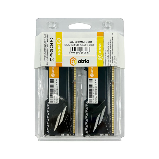 модуль пам'яті 16Gb DDR4 3200MHz  Atria Fly Black (2x8) ATRIA UAT43200CL18BK2/16