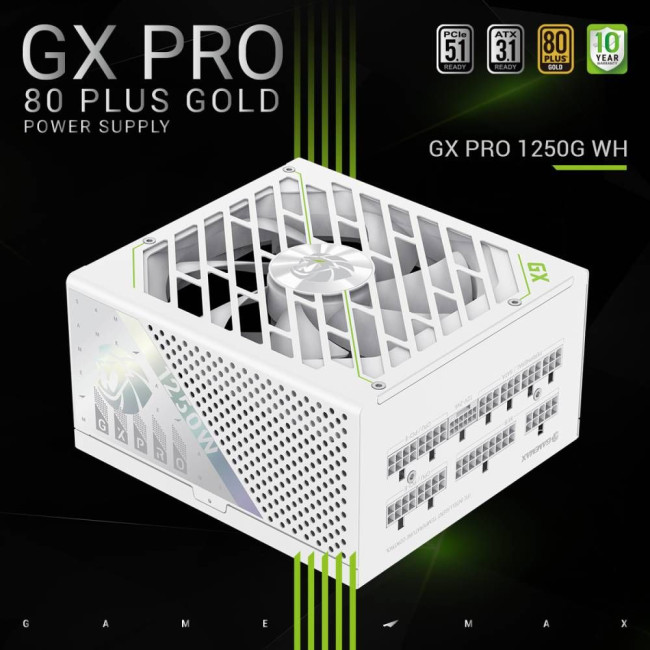 Блок живлення ATX 3.1 & PCIe5.1_ 1250W, 80+ Gold, fan 135mm,fully modular ,Japanese 105°C and solid GAMEMAX GX PRO 1250G WH