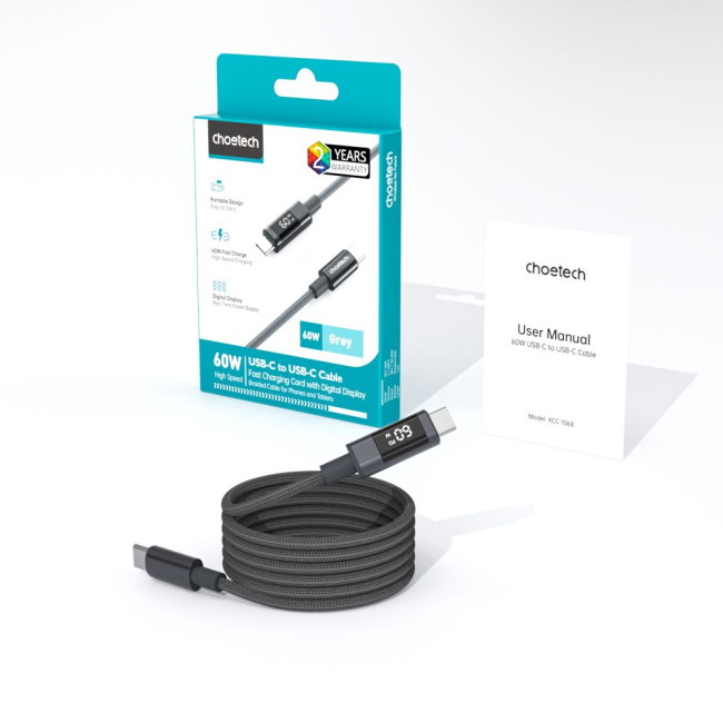 Нейлоновий кабель PD60 Вт USB-C до USB-C для цифрового дисплея 1,2 м – сірий CHOETECH PD60W USB-C to USB-C 1.2m (XCC-1068-GY)
