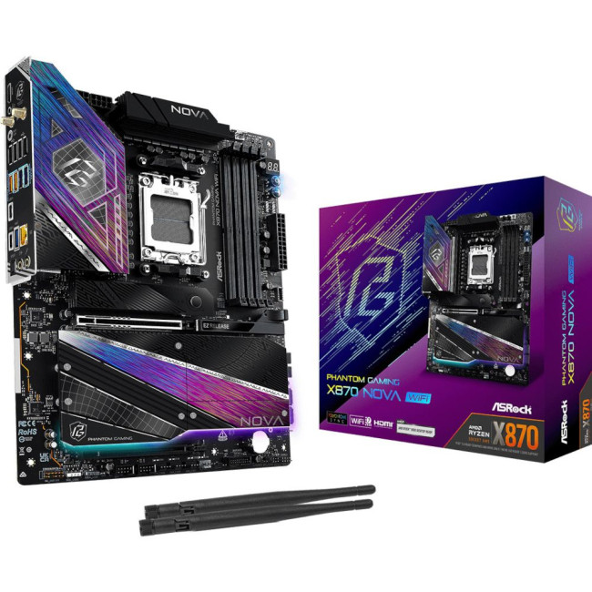 Mатеринська плата sAM5 AMD X870 4xDDR5 HDMI/2xUSB4 Type-C 5xM.2 5GbE LAN ATX ASROCK X870 NOVA WIFI
