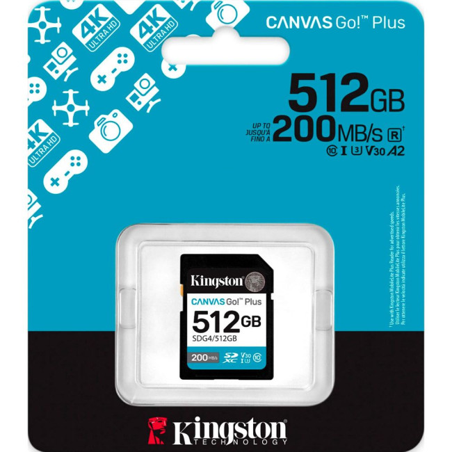 Карта пам'яті 512GB SDXC Canvas Go Plus Gen4 200MB/s C10 UHS-I U3 V30 KINGSTON SDG4/512GB
