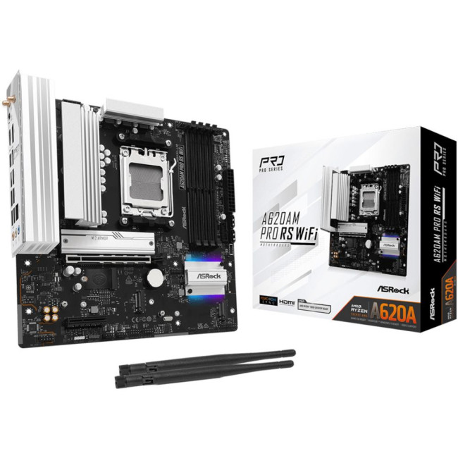 Mатеринська плата sAM5 AMD A620A DP/HDMI 3xM.2 4xDDR5 2.5GbE LAN mATX ASROCK A620AM PRO RS WIFI
