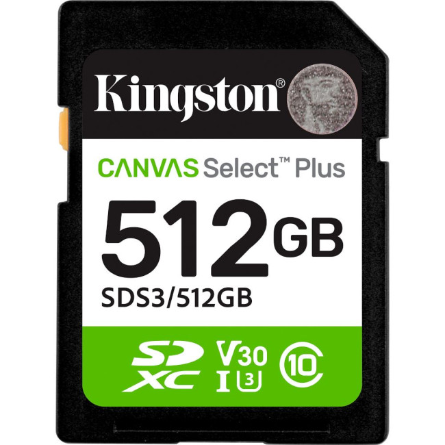 Карта пам'яті 512GB SDXC Canvas Select Plus Gen3 150MB/s C10 UHS-I U3 V30 KINGSTON SDS3/512GB