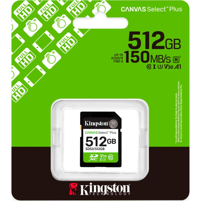 Карта пам'яті 512GB SDXC Canvas Select Plus Gen3 150MB/s C10 UHS-I U3 V30 KINGSTON SDS3/512GB