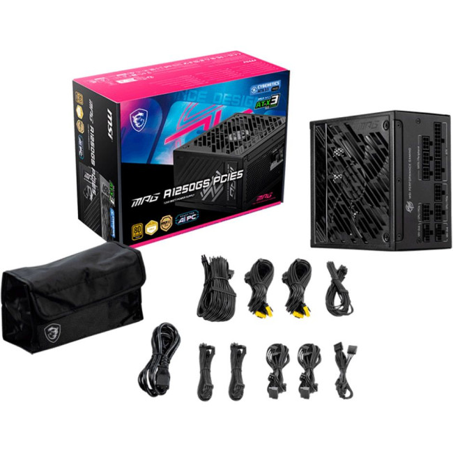 Блок живлення MSI ATX 1250W MPG A1250GS PCIE5, EU, 1250W, Fully-Modular, 80 Plus Gold, Japanese C MSI MPG A1250GS PCIE5